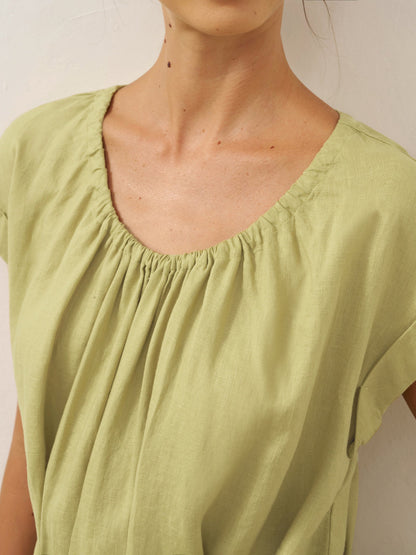 100% Linen Pleated Crew Neck Maxi Dress with Detachable Tie Straps MIRA