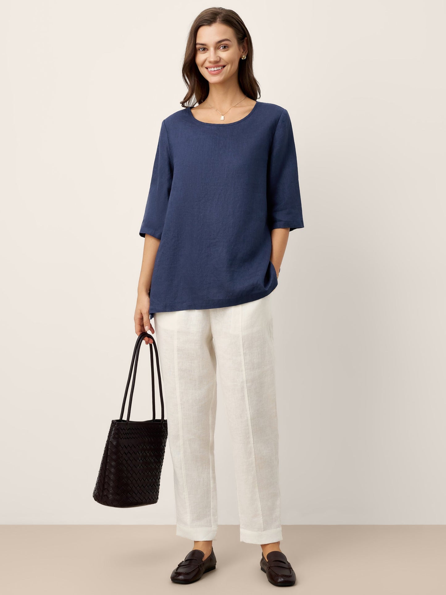 100% Linen Relaxed Back Button Top with Tab Sleeves SYLVANA LINTICO