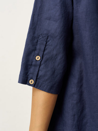 100% Linen Relaxed Back Button Top with Tab Sleeves SYLVANA LINTICO