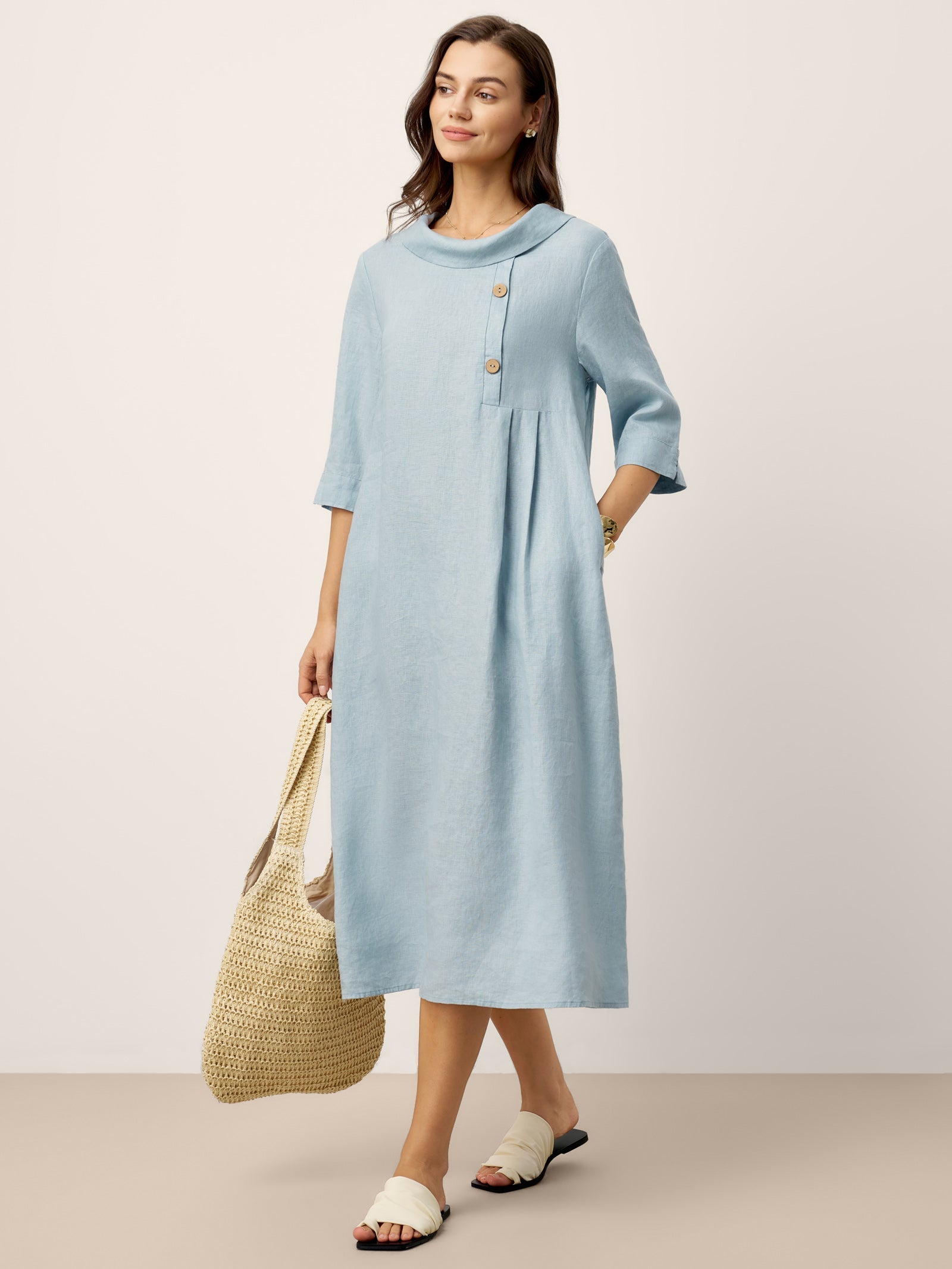 100% Linen Rolled Collar Asymmetric Button Maxi Dress ELARAINE LINTICO