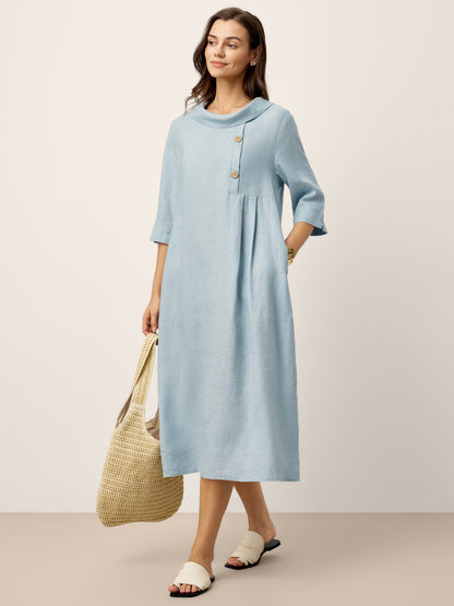 100% Linen Rolled Collar Asymmetric Button Maxi Dress ELARAINE LINTICO