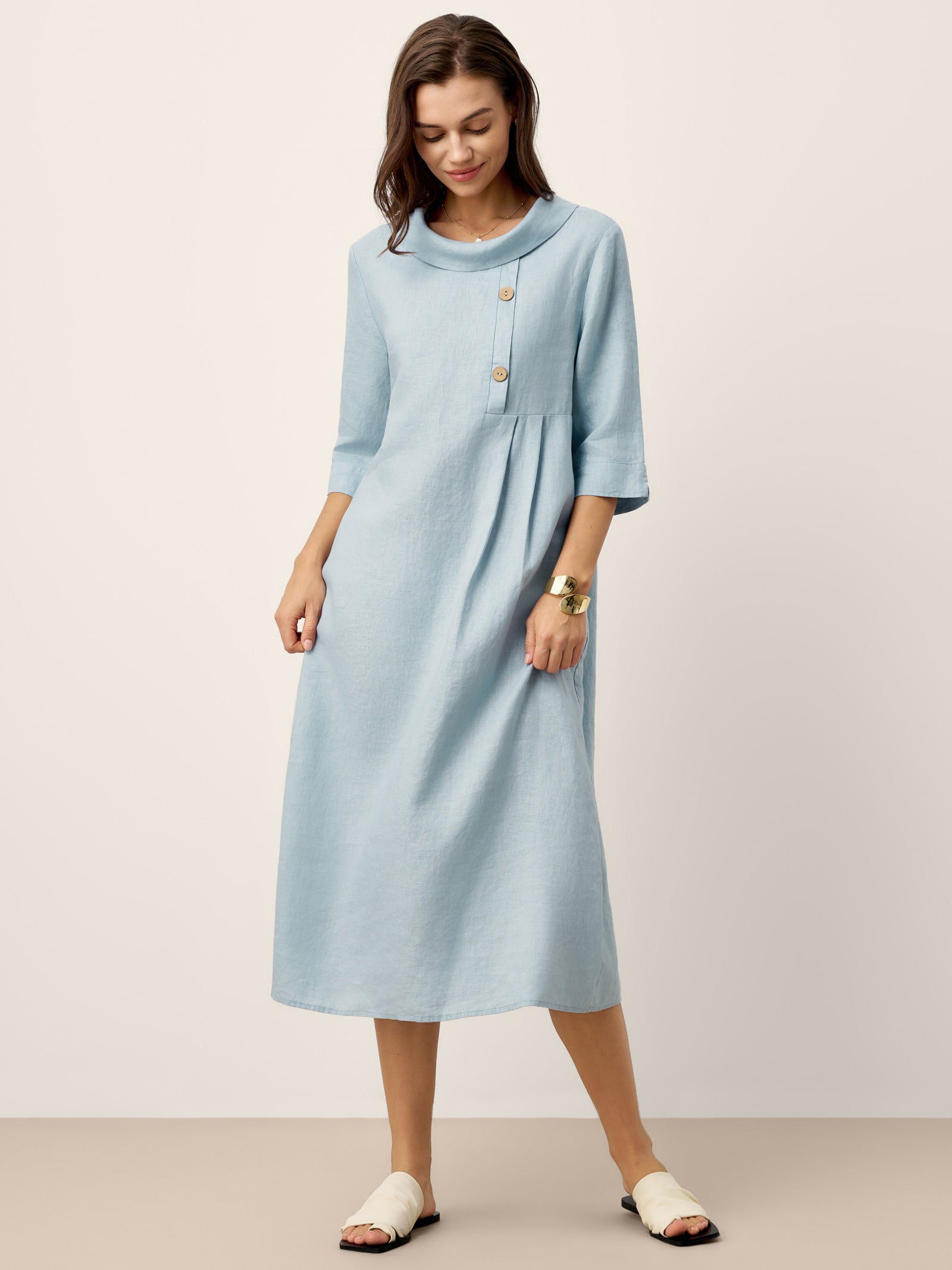 100% Linen Rolled Collar Asymmetric Button Maxi Dress ELARAINE LINTICO
