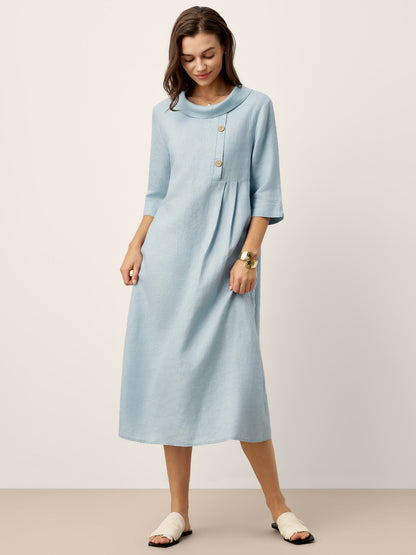 100% Linen Rolled Collar Asymmetric Button Maxi Dress ELARAINE LINTICO