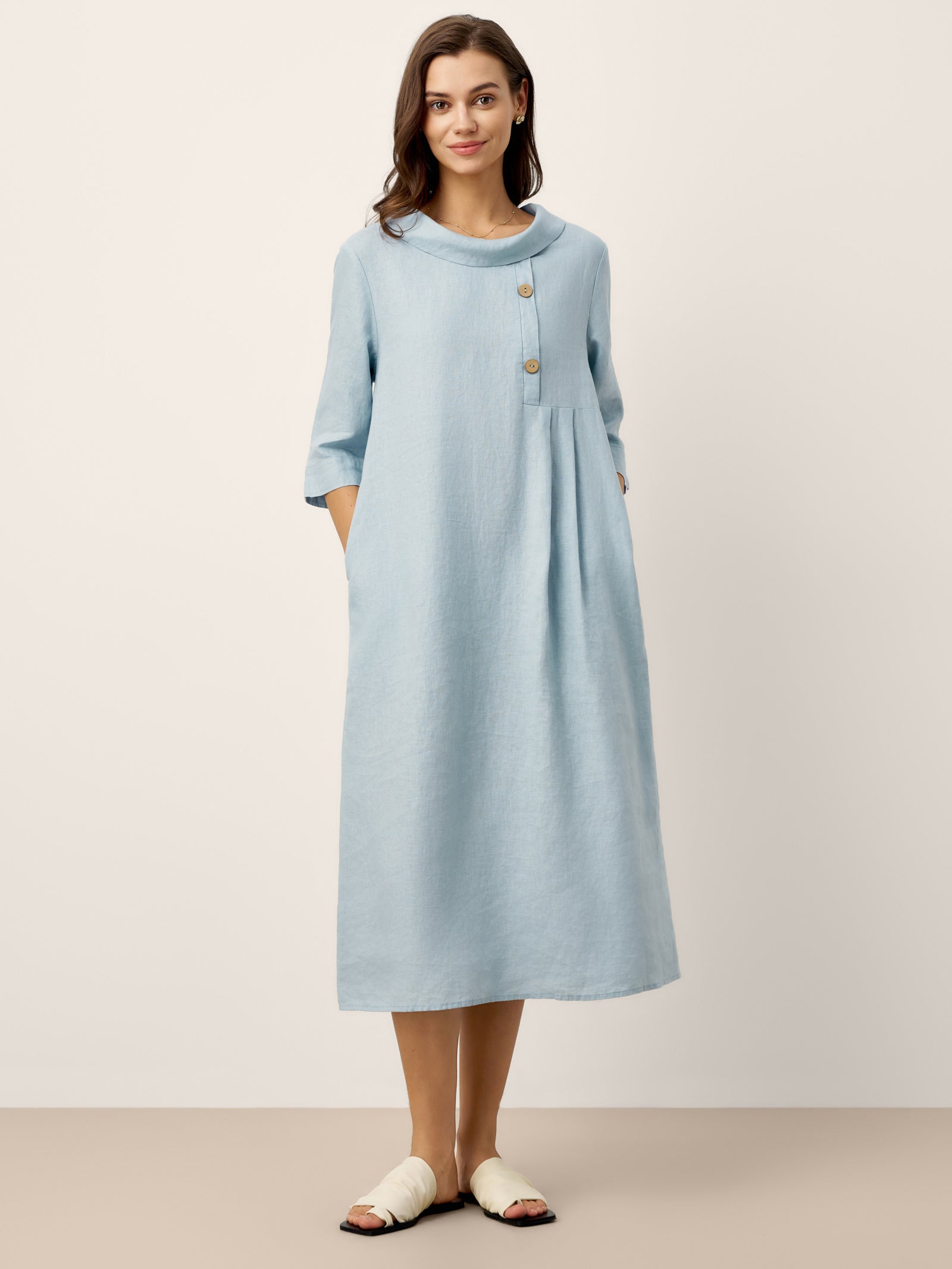 100% Linen Rolled Collar Asymmetric Button Maxi Dress ELARAINE LINTICO