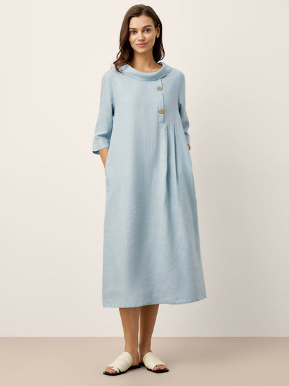 100% Linen Rolled Collar Asymmetric Button Maxi Dress ELARAINE LINTICO