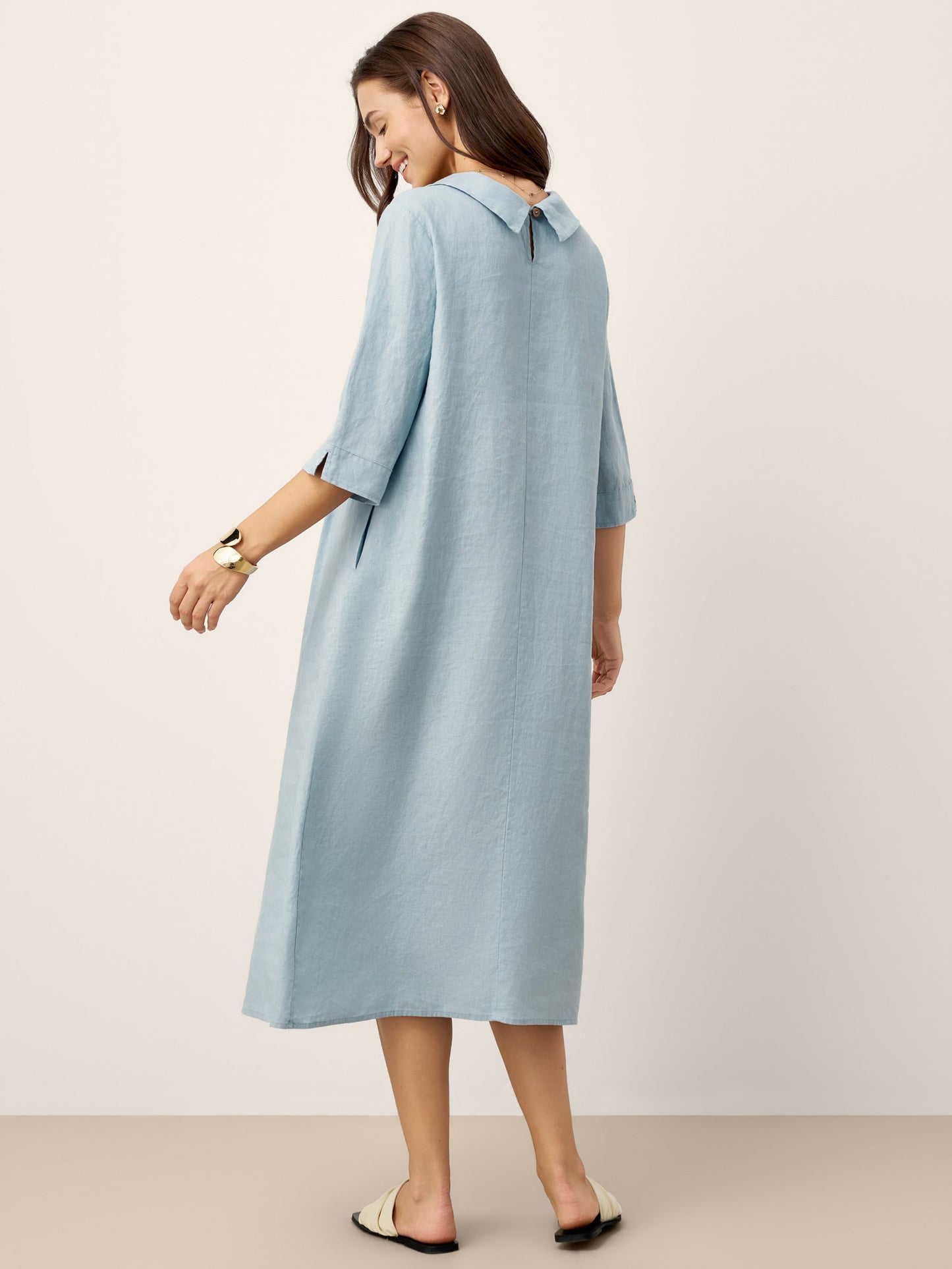 100% Linen Rolled Collar Asymmetric Button Maxi Dress ELARAINE LINTICO