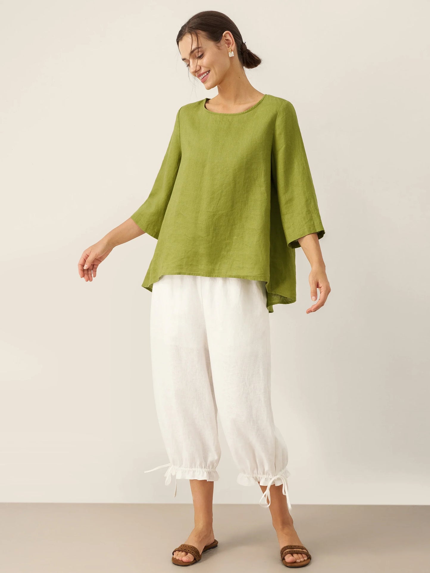 100% Linen Round Neck Asymmetrical Hem Top BRIANNA LINTICO