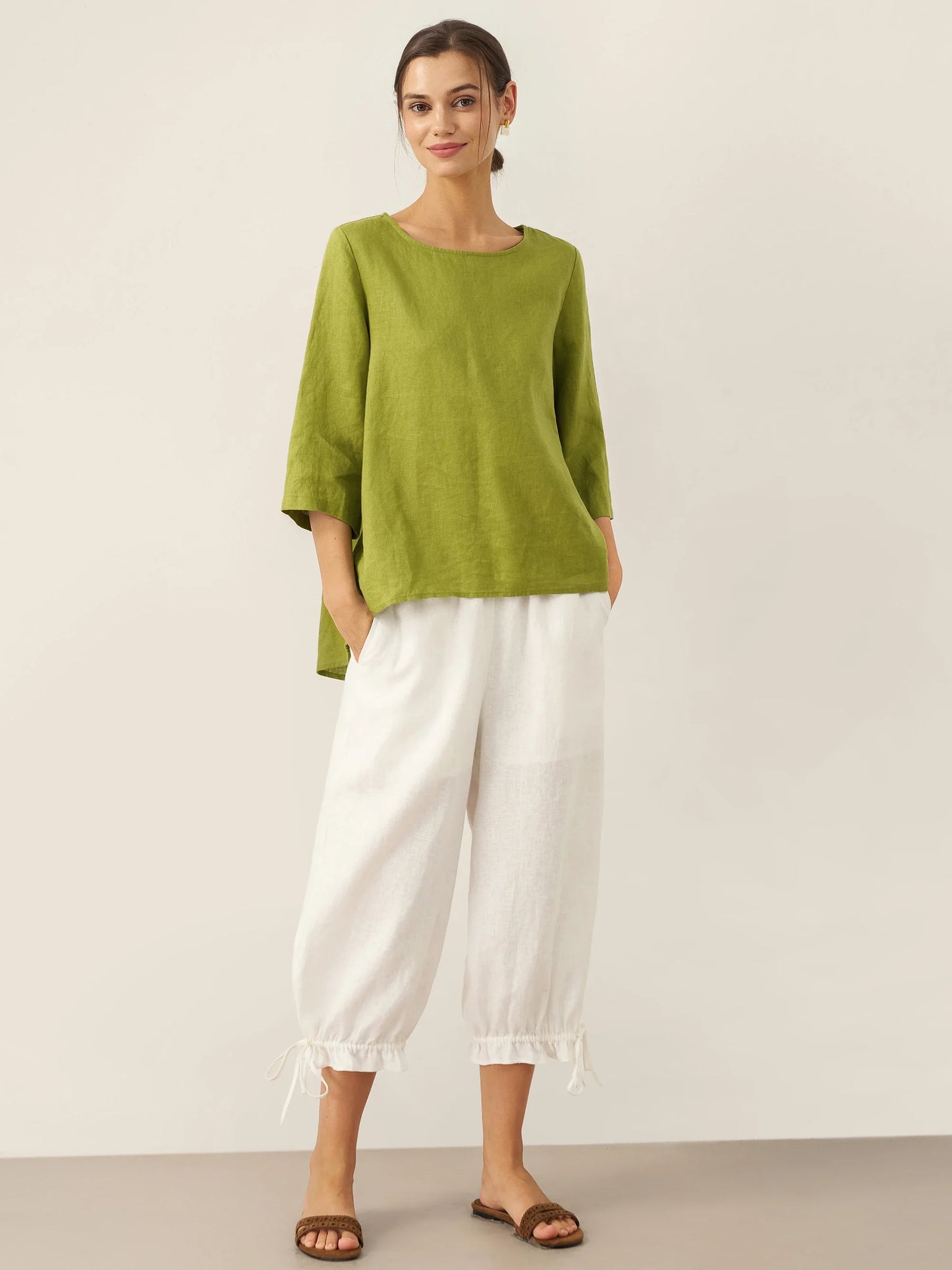 100% Linen Round Neck Asymmetrical Hem Top BRIANNA LINTICO