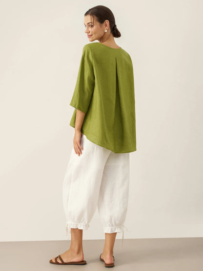 100% Linen Round Neck Asymmetrical Hem Top BRIANNA LINTICO