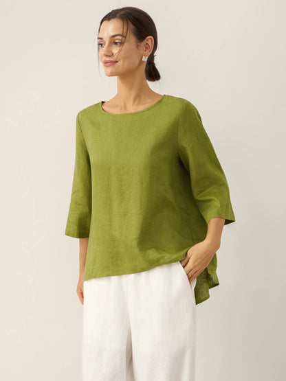 100% Linen Round Neck Asymmetrical Hem Top BRIANNA LINTICO