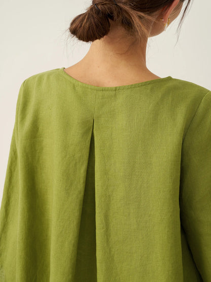 100% Linen Round Neck Asymmetrical Hem Top BRIANNA LINTICO