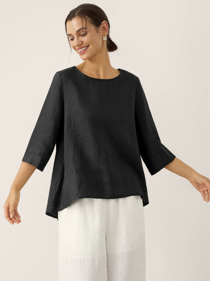 100% Linen Round Neck Asymmetrical Hem Top BRIANNA LINTICO
