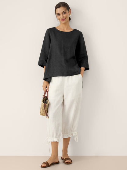100% Linen Round Neck Asymmetrical Hem Top BRIANNA