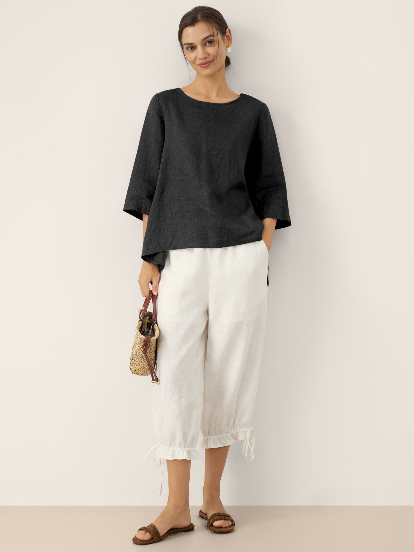 100% Linen Round Neck Asymmetrical Hem Top BRIANNA LINTICO