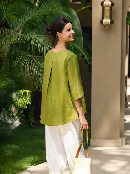 100% Linen Round Neck Asymmetrical Hem Top BRIANNA