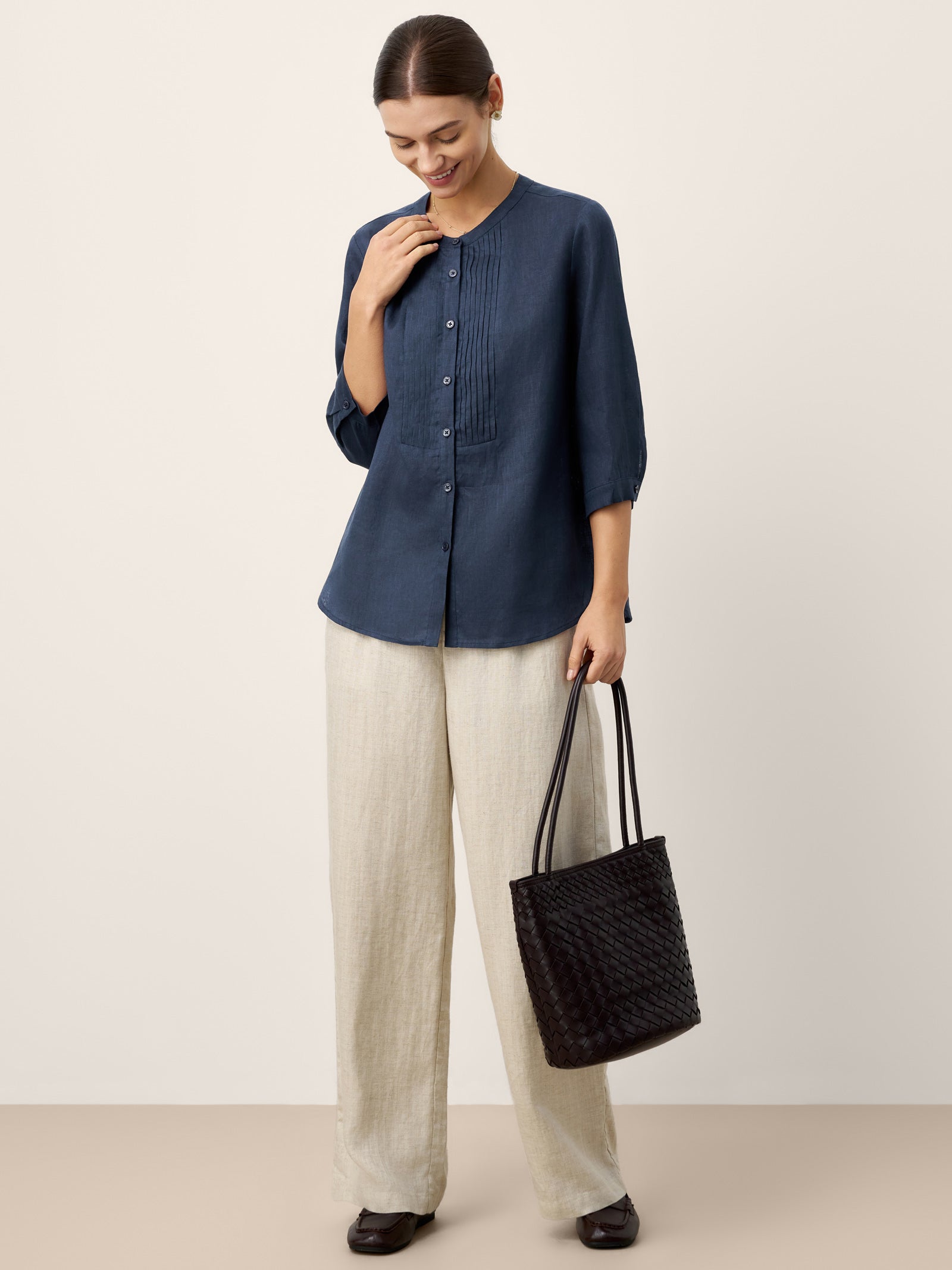 100% Linen Sculpted Accordion Pleat Crew Neck Shirt RANA LINTICO