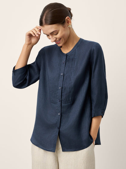 100% Linen Sculpted Accordion Pleat Crew Neck Shirt RANA LINTICO