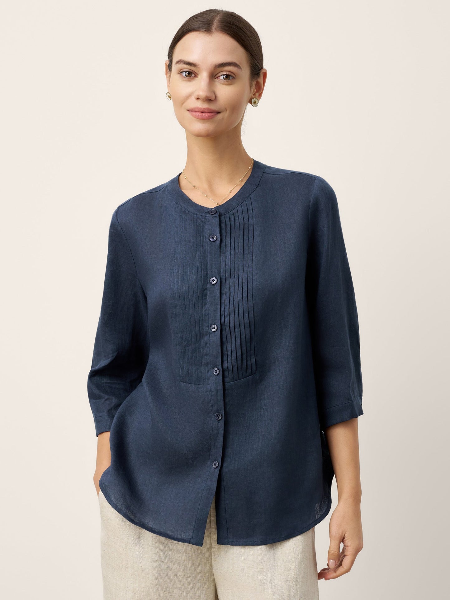 100% Linen Sculpted Accordion Pleat Crew Neck Shirt RANA LINTICO