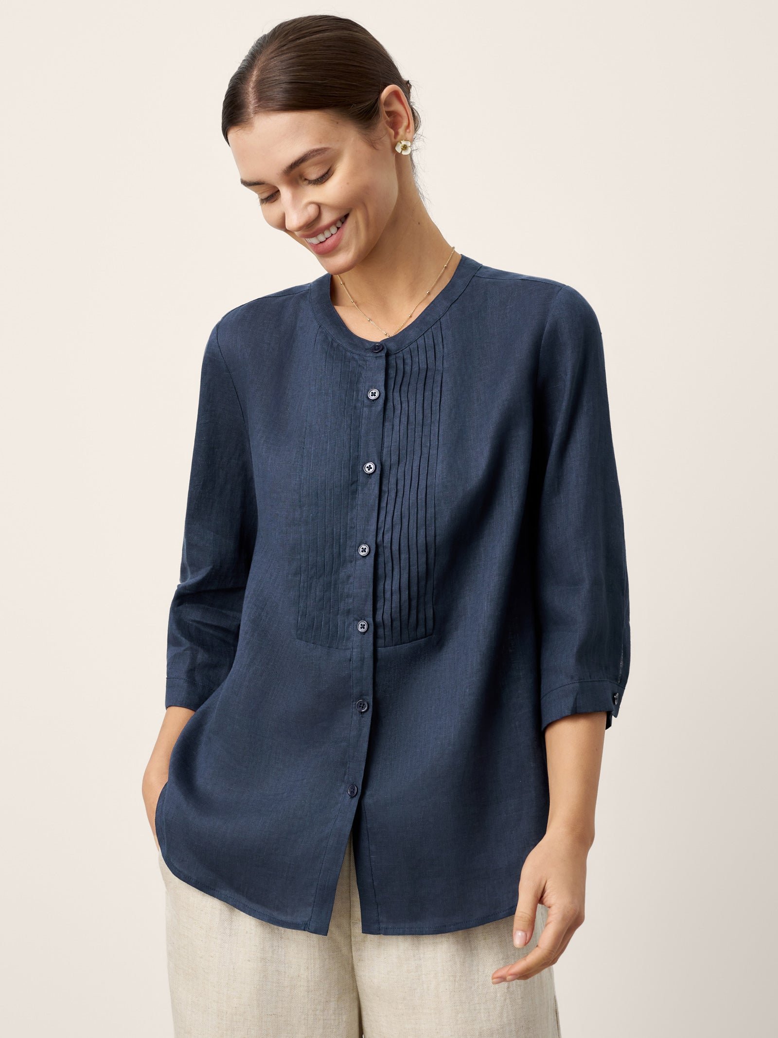 100% Linen Sculpted Accordion Pleat Crew Neck Shirt RANA LINTICO