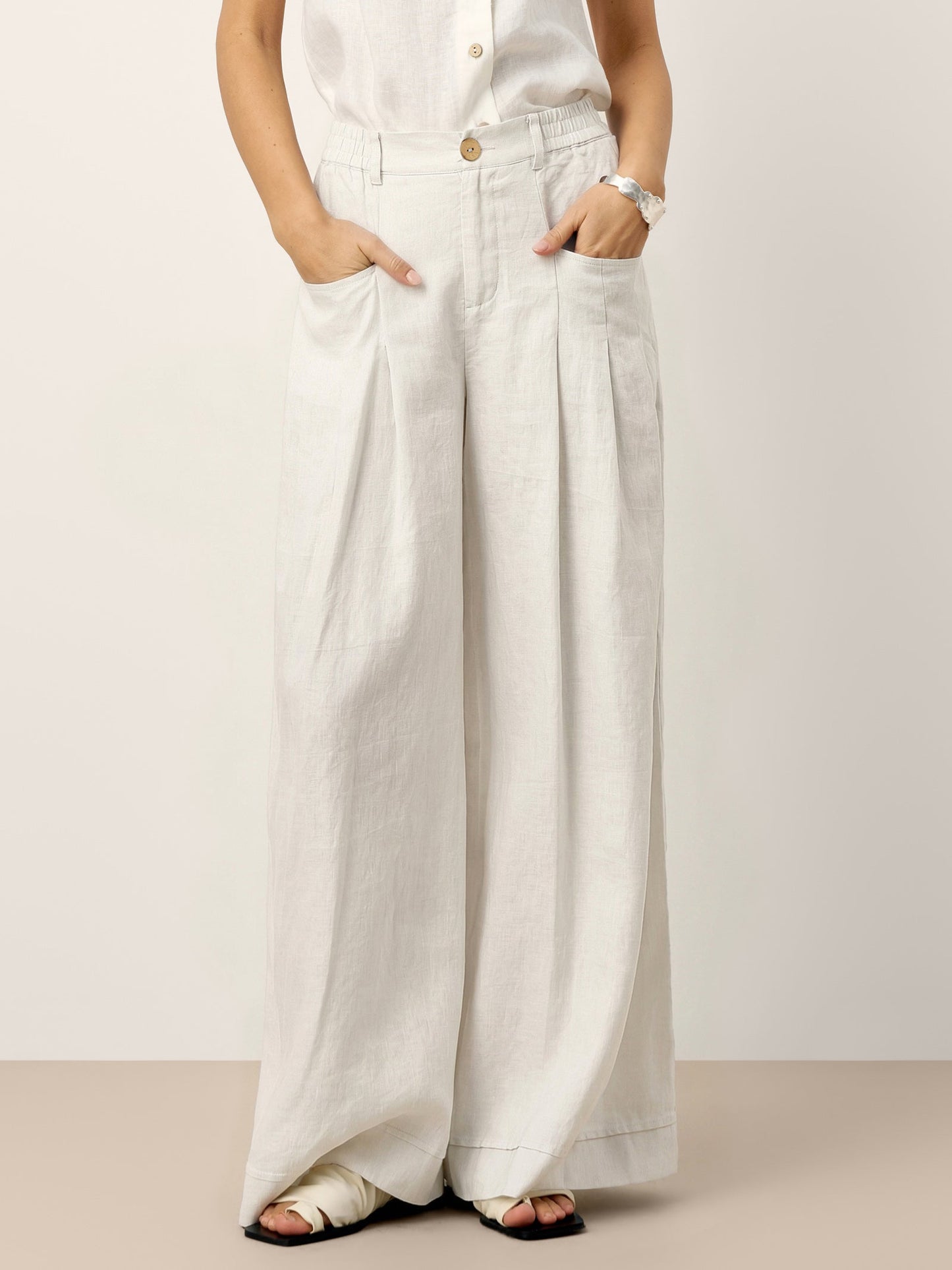 100% Linen Sculpted Pleat Elasticated Back Relaxed Pants VERIDIANA LINTICO