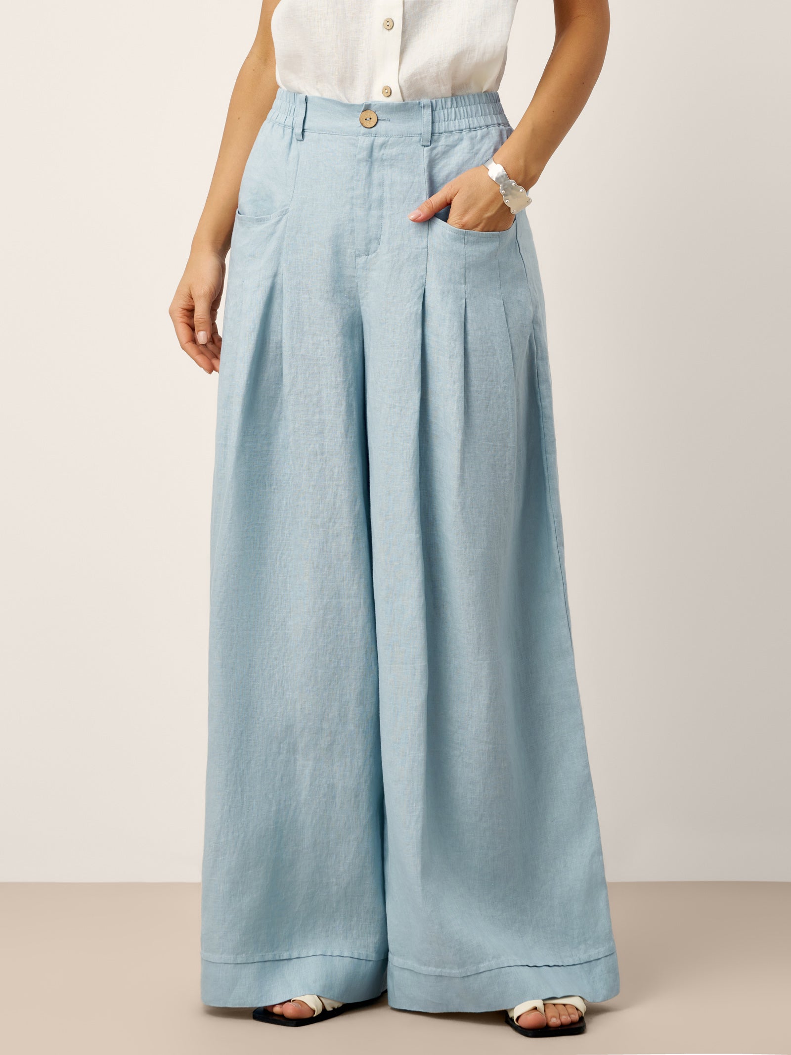 100% Linen Sculpted Pleat Elasticated Back Relaxed Pants VERIDIANA LINTICO