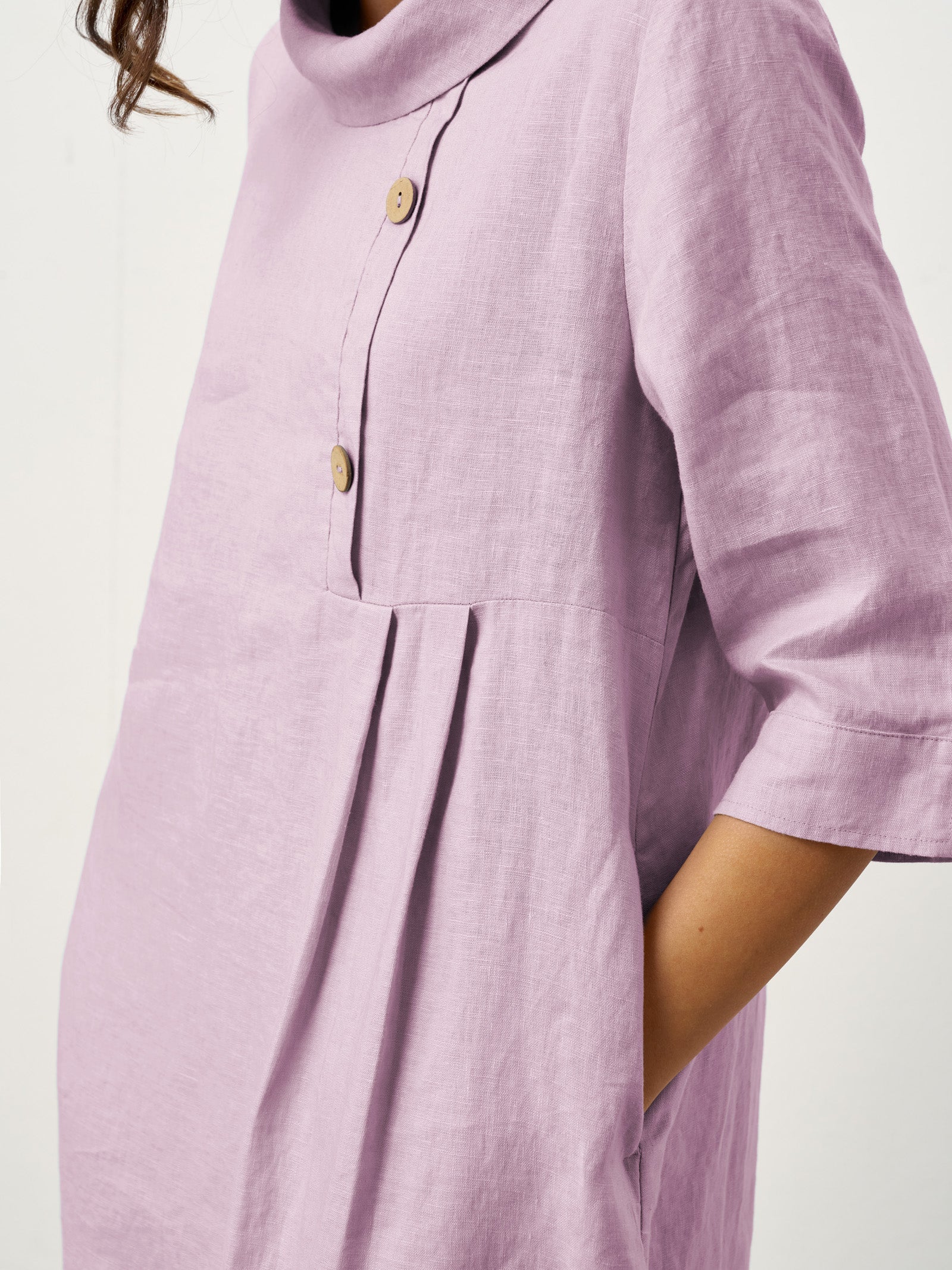 100% Linen Rolled Collar Asymmetric Button Maxi Dress ELARAINE LINTICO