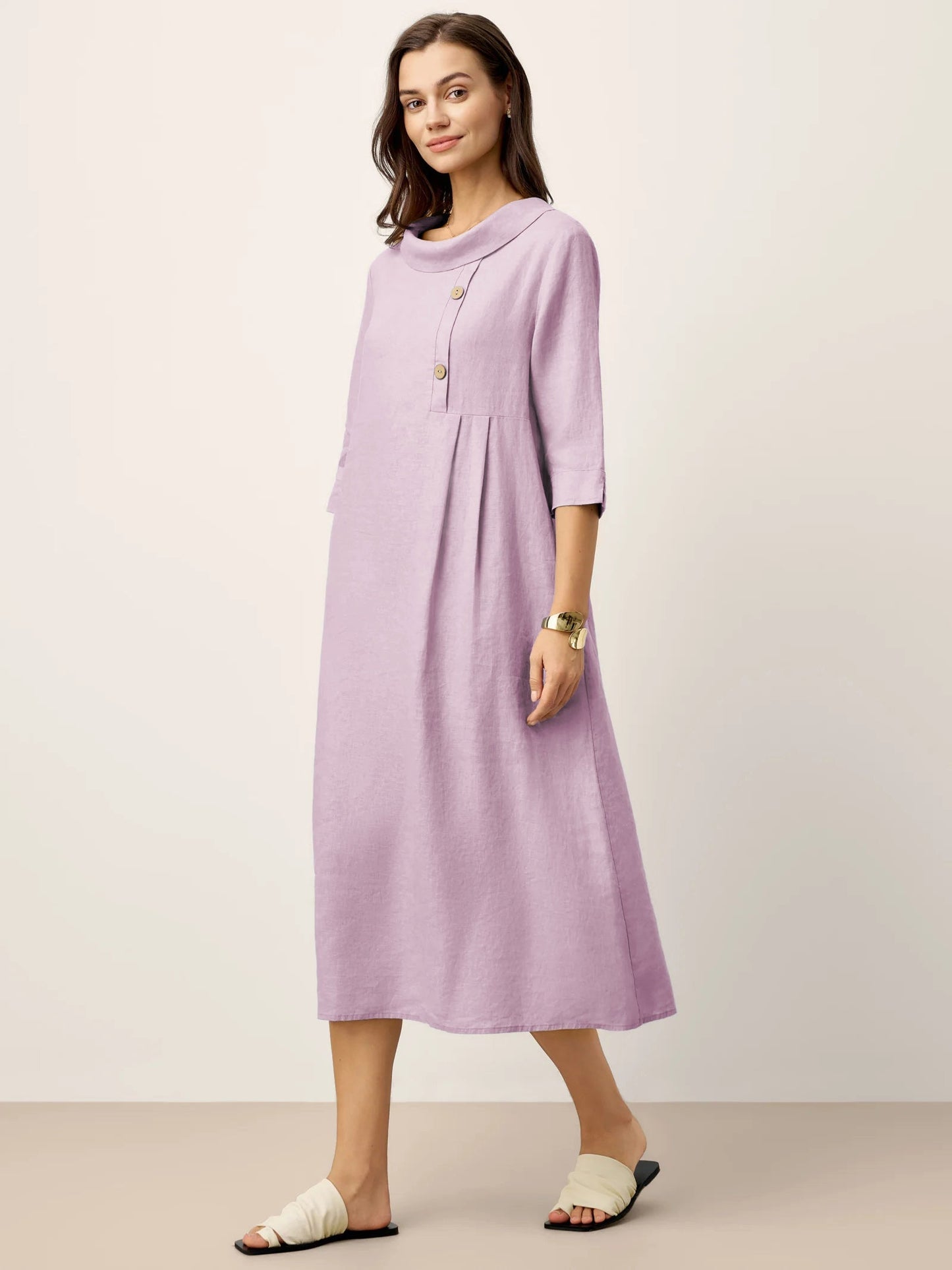 100% Linen Rolled Collar Asymmetric Button Maxi Dress ELARAINE LINTICO