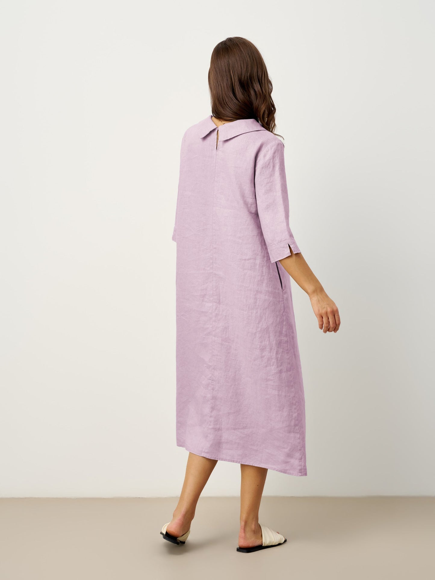 100% Linen Rolled Collar Asymmetric Button Maxi Dress ELARAINE LINTICO