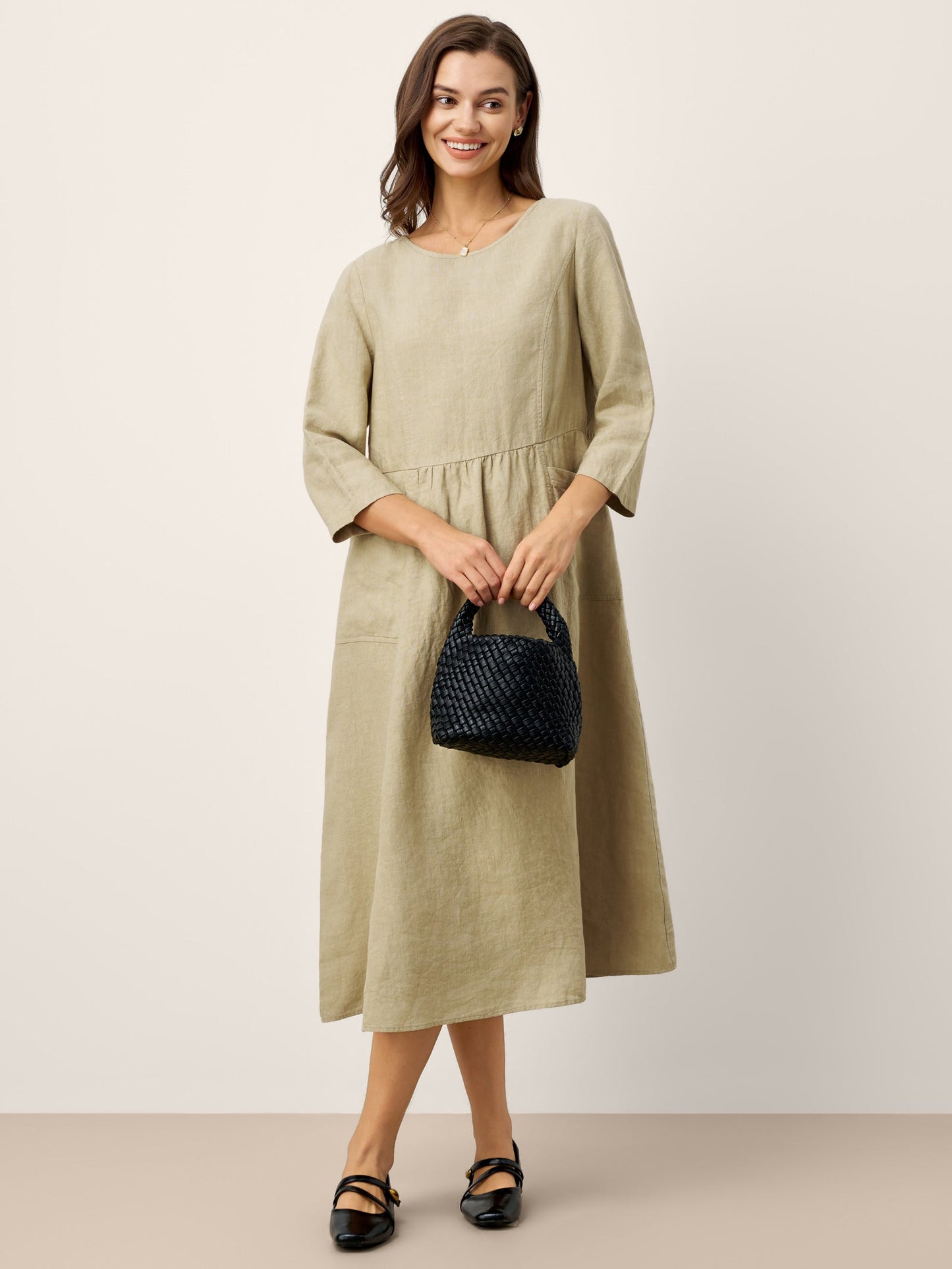 100% Linen Shirred Waistline Patch Pocket Maxi Dress MARCELLA