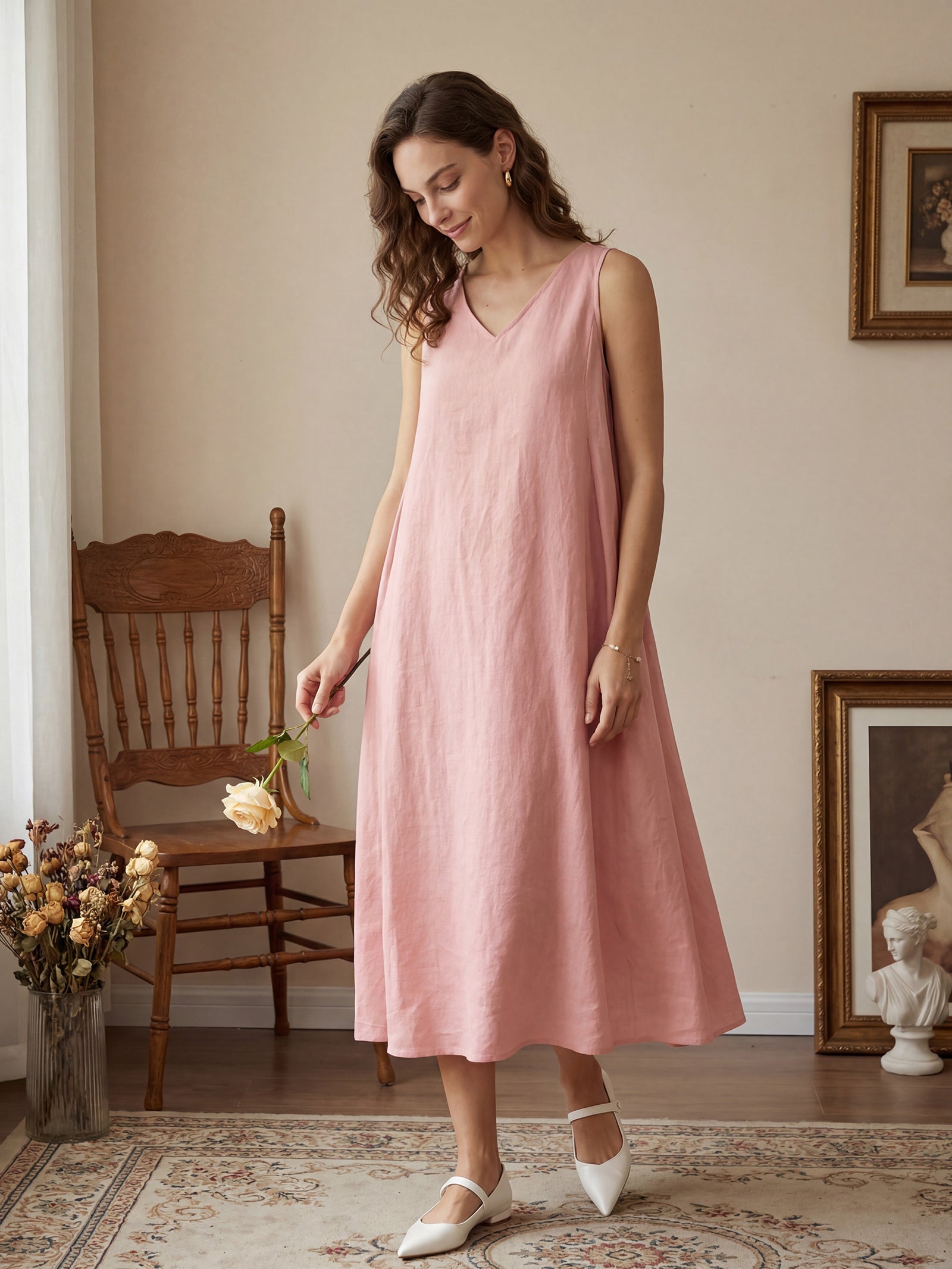 100% Linen Sleeveless A-Line Maxi Dress TARA LINTICO