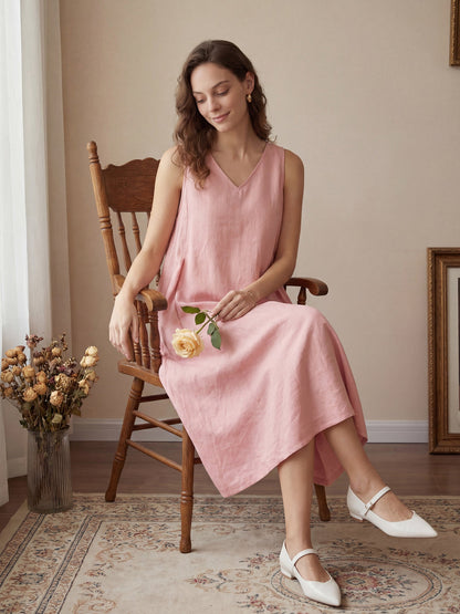 100% Linen Sleeveless A-Line Maxi Dress TARA LINTICO