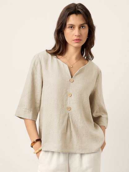 100% Linen Split Neck Inverted Pleat Top TABITHA LINTICO