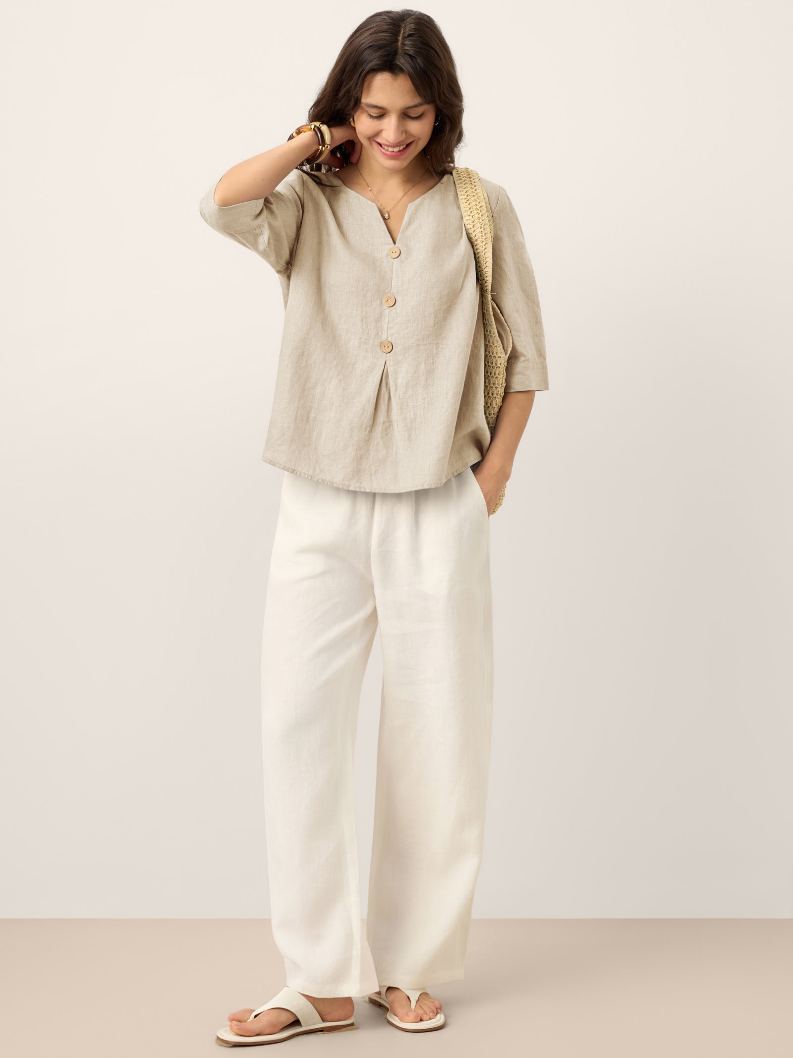 100% Linen Split Neck Inverted Pleat Top TABITHA LINTICO
