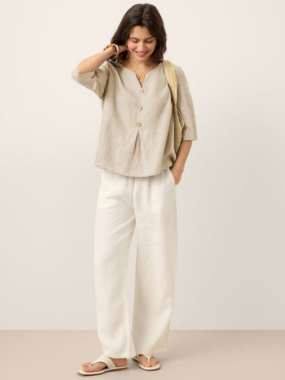 100% Linen Split Neck Inverted Pleat Top TABITHA LINTICO