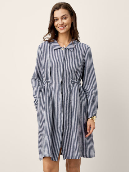 100% Linen Striped Back Drawstring Midi Shirt Dress ADELAIDE
