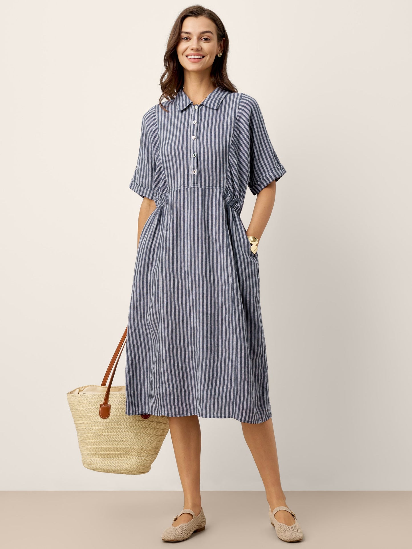 100% Linen Striped Buttoned Front Short Sleeve Midi Shirt Dress CASSANDRA LINTICO
