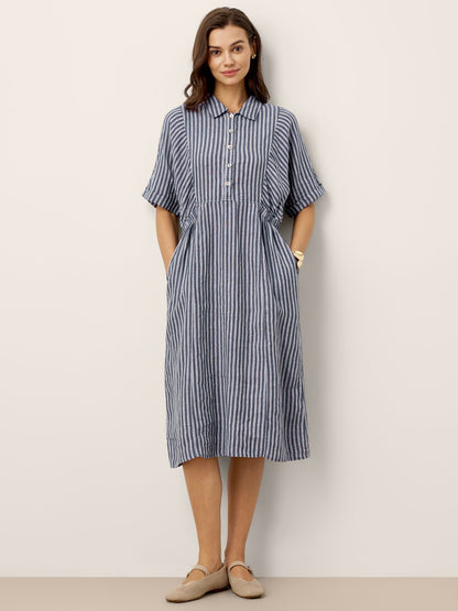 100% Linen Striped Buttoned Front Short Sleeve Midi Shirt Dress CASSANDRA LINTICO