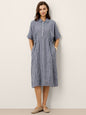 100% Linen Striped Buttoned Front Short Sleeve Midi Shirt Dress CASSANDRA LINTICO
