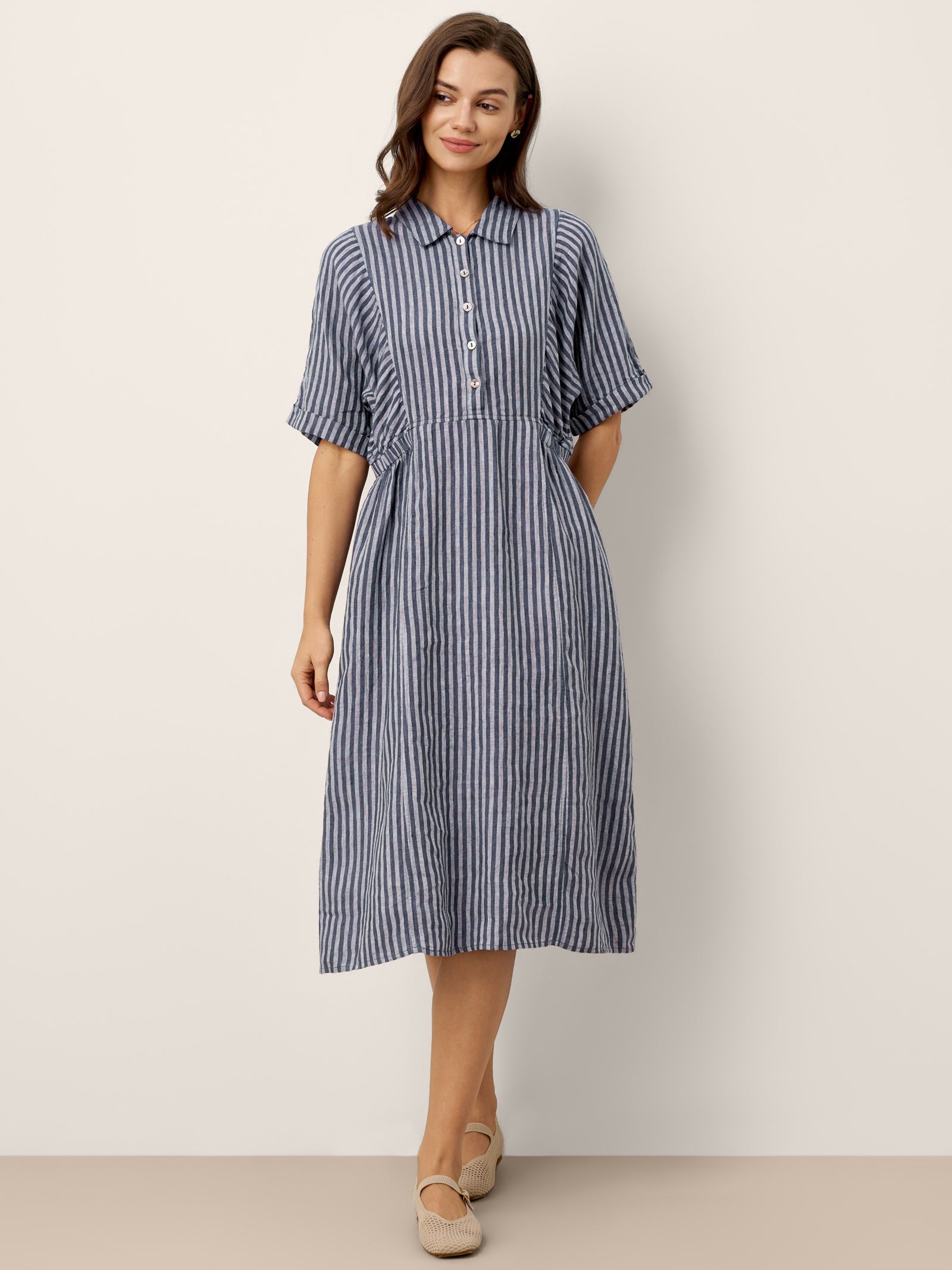 100% Linen Striped Buttoned Front Short Sleeve Midi Shirt Dress CASSANDRA LINTICO