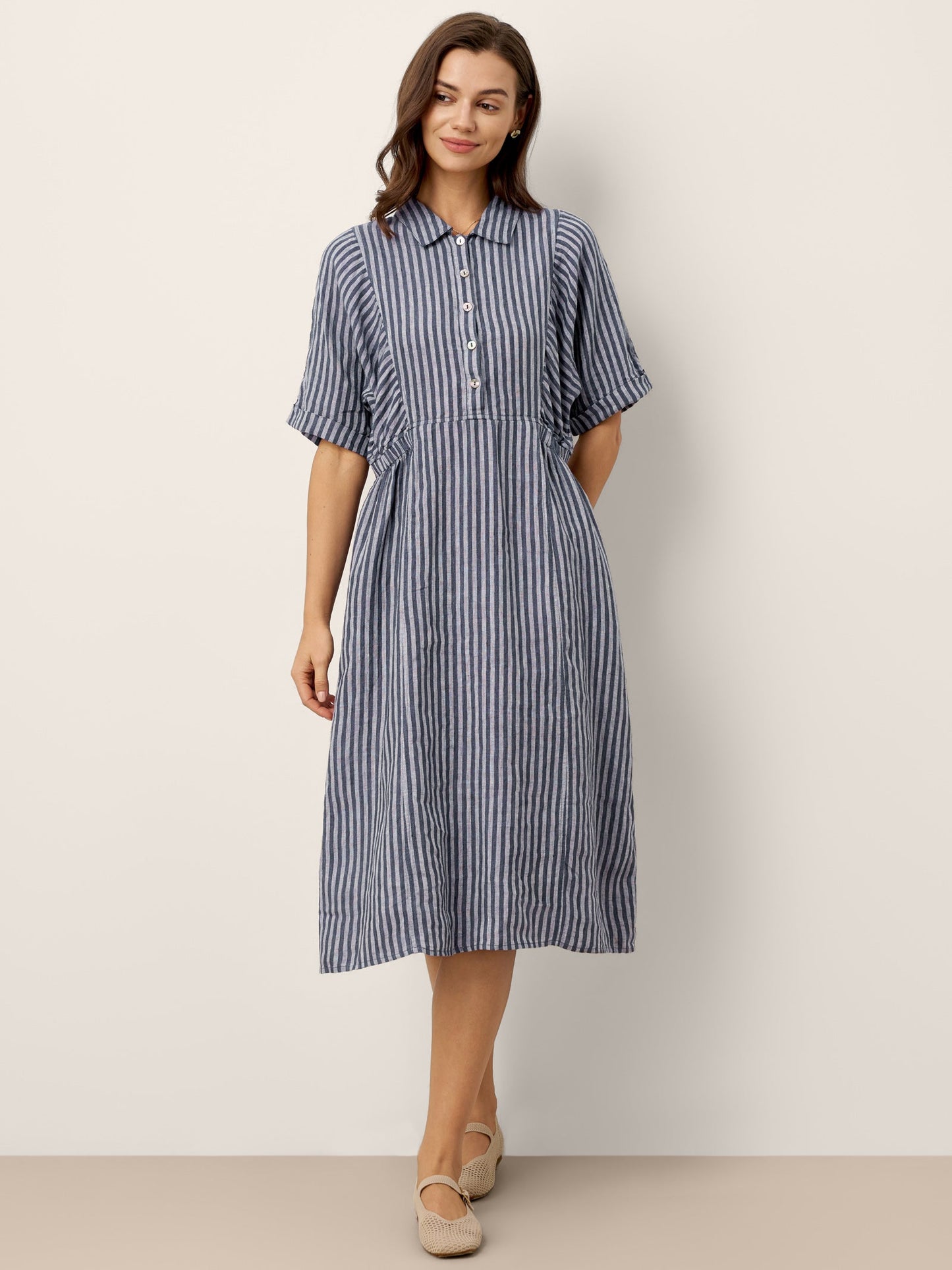 100% Linen Striped Buttoned Front Short Sleeve Midi Shirt Dress CASSANDRA LINTICO