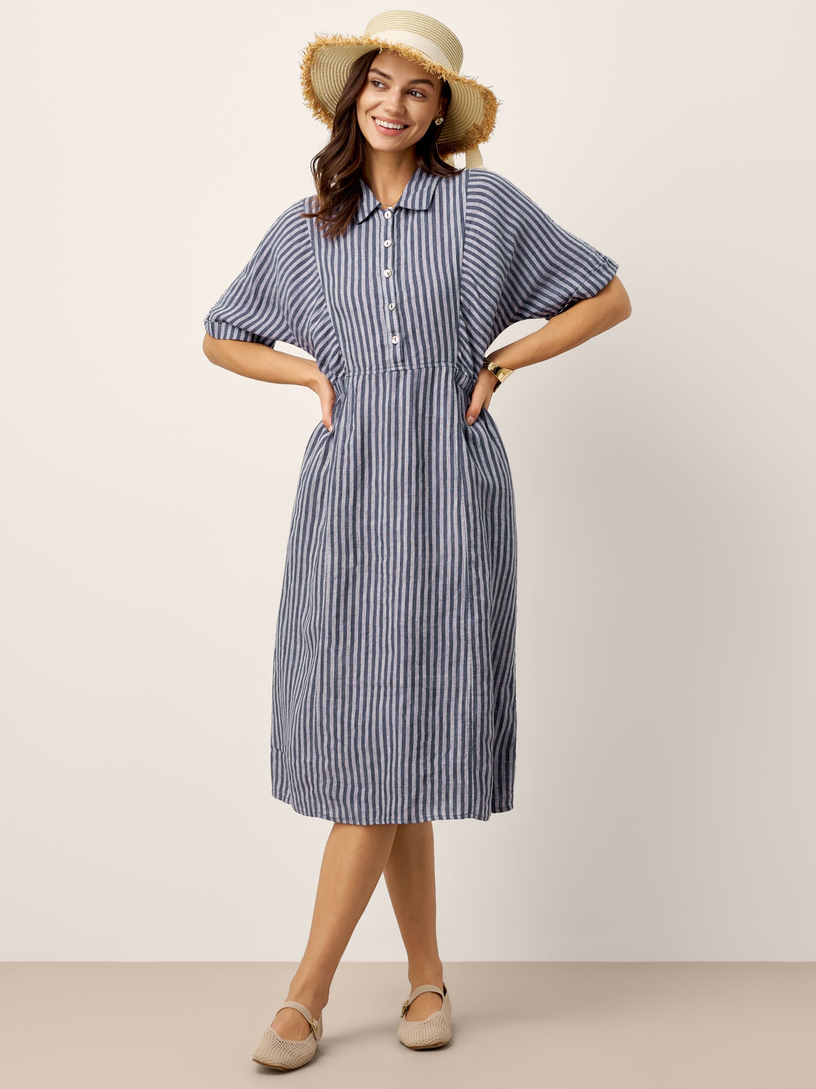100% Linen Striped Buttoned Front Short Sleeve Midi Shirt Dress CASSANDRA LINTICO