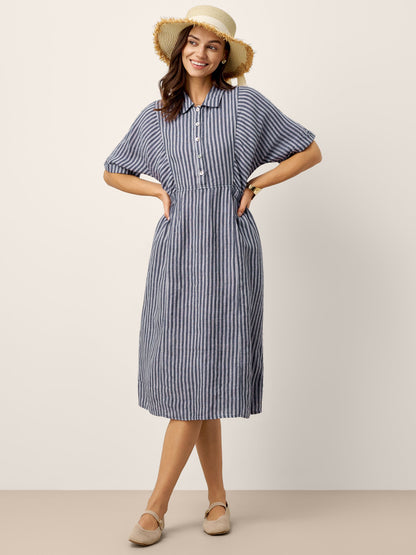 100% Linen Striped Buttoned Front Short Sleeve Midi Shirt Dress CASSANDRA LINTICO