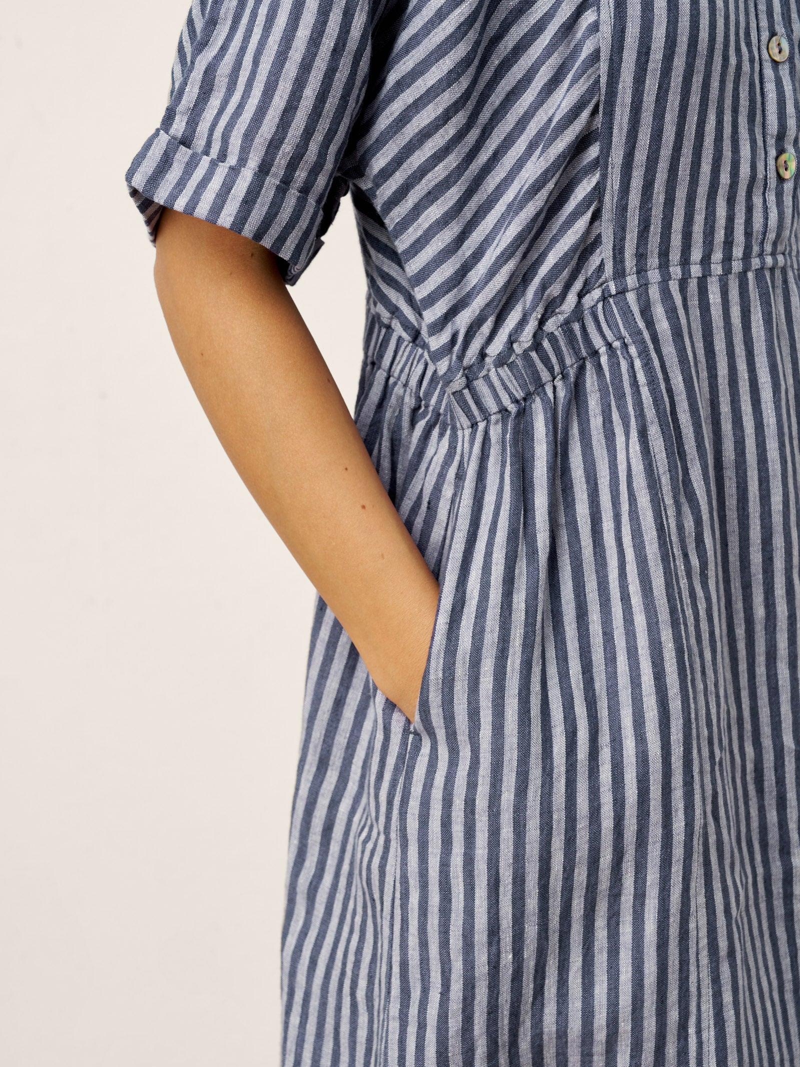 100% Linen Striped Buttoned Front Short Sleeve Midi Shirt Dress CASSANDRA LINTICO