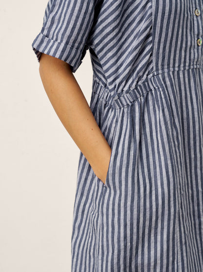 100% Linen Striped Buttoned Front Short Sleeve Midi Shirt Dress CASSANDRA LINTICO