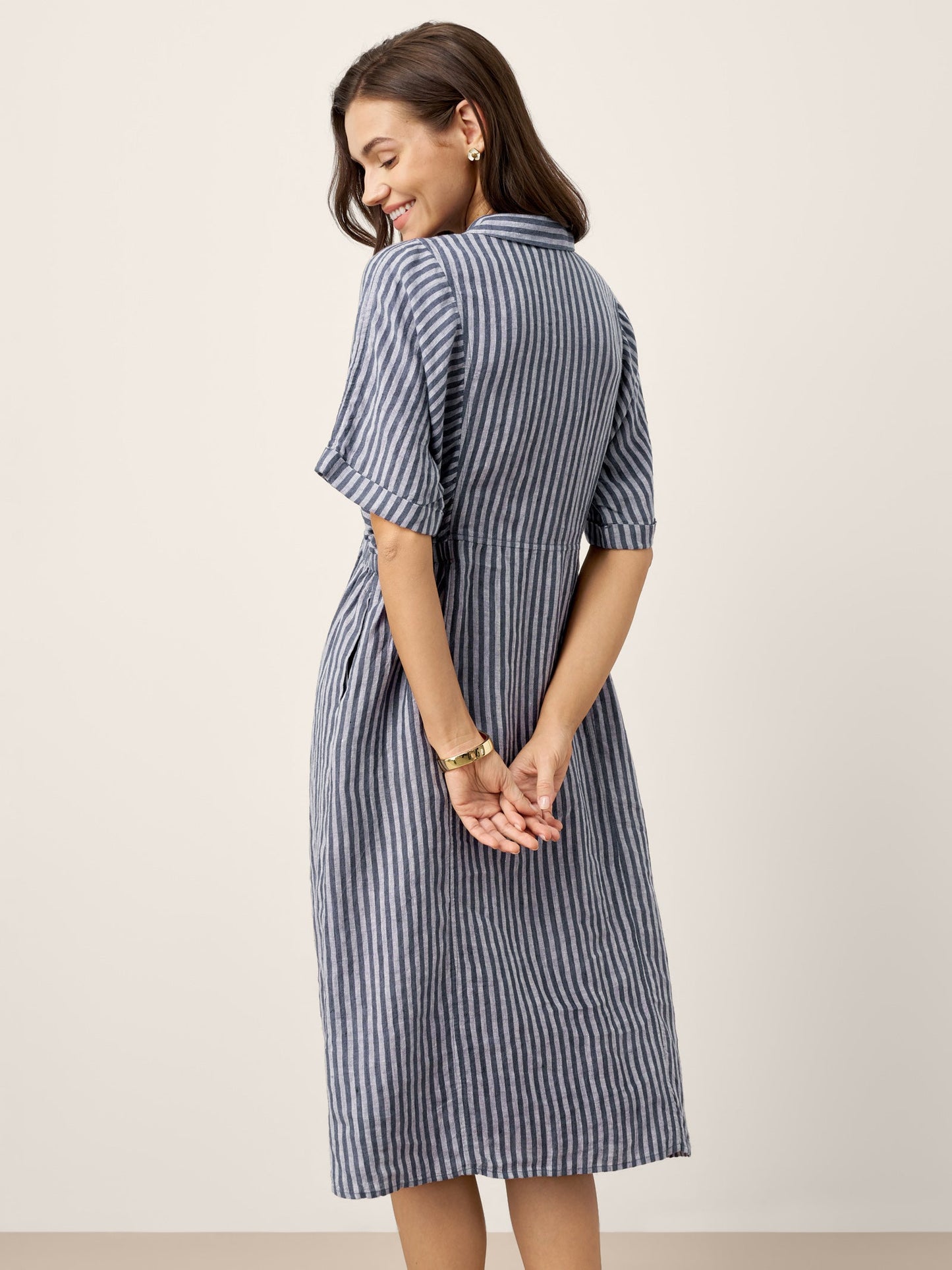 100% Linen Striped Buttoned Front Short Sleeve Midi Shirt Dress CASSANDRA LINTICO