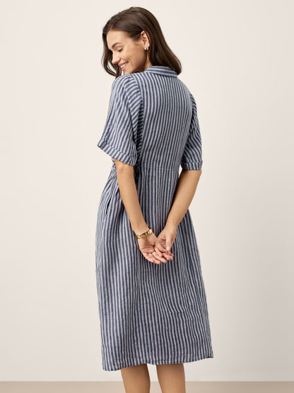 100% Linen Striped Buttoned Front Short Sleeve Midi Shirt Dress CASSANDRA LINTICO