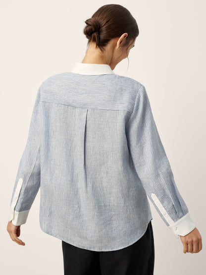 100% Linen Striped Patchwork Pleat Shirt THEA