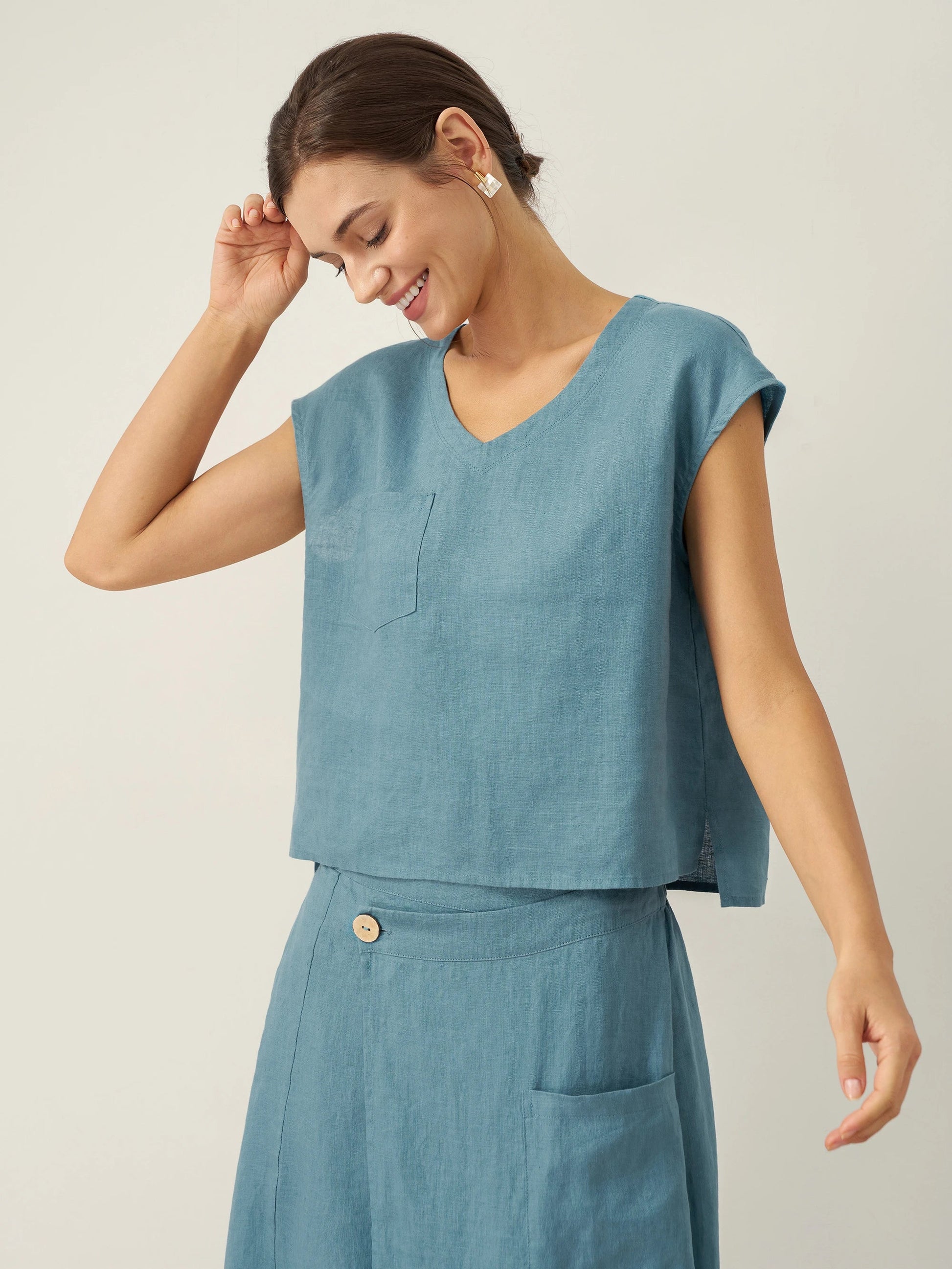 100% Linen V-Neck Cap Sleeve Crop Top FRESSA LINTICO