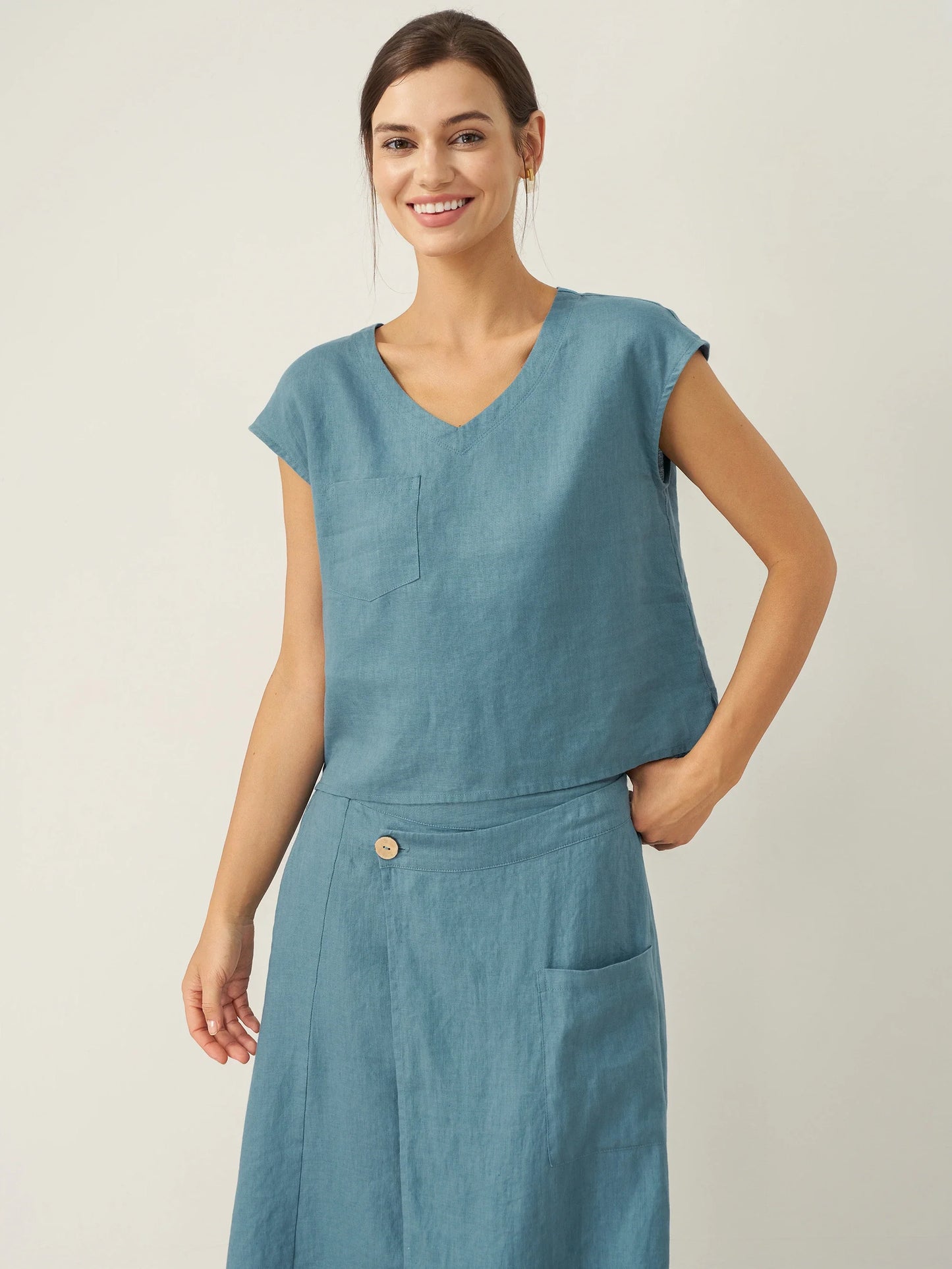 100% Linen V-Neck Cap Sleeve Crop Top FRESSA LINTICO