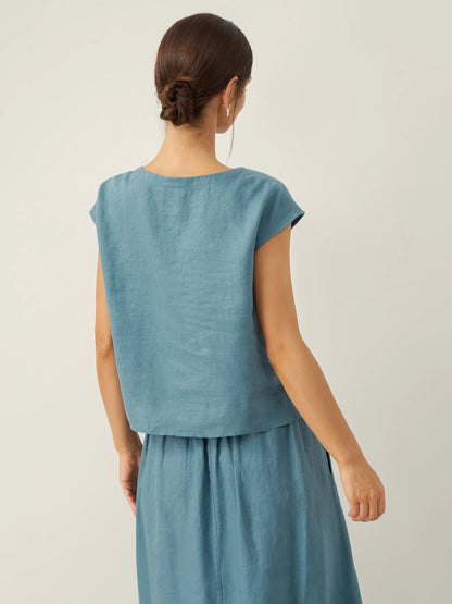 100% Linen V-Neck Cap Sleeve Crop Top FRESSA LINTICO